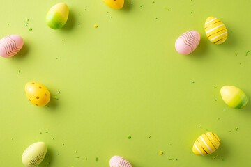 Colorful Easter eggs with intricate designs placed on a bright green surface, evoking festive and...
