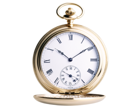 Elegant Gold Pocket Watch with Roman Numerals on Transparent Background
