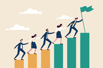 Teamwork to success together, employee career path or partnership support to help business growing, team collaboration or mentor and training concept, business people help team climbing growth chart.