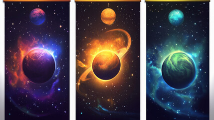 Set of planetarium banner templates. Cartoon vector illustration of alien planets glowing with neon craters against starry dark sky background. Space galaxy exploration, astronomy science event promo