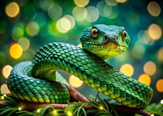 Fototapeta premium Atheris nitschei, Tree Viper, Green Snake, Bokeh Background, Night Jungle