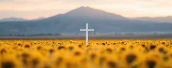 Cross Amidst a Field of Sunflowers Against a Mountain Backdrop Evoking Hope and Serenity in Nature