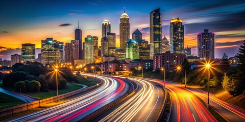 Obraz premium Atlanta Skyline Silhouette Night Photography - Cityscape, Highway Traffic Blur, Georgia
