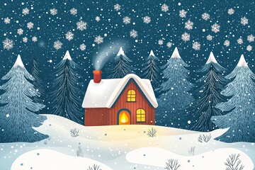 Fototapeta premium Illustration of a cozy winter cabin surrounded by snow-covered trees and a glowing fireplace seen through the window.