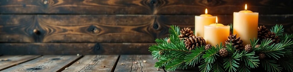 Decorated evergreen wreath with candles and pinecones on a rustic wooden backdrop, seasonal decoration, winter wonderland, advent wreath