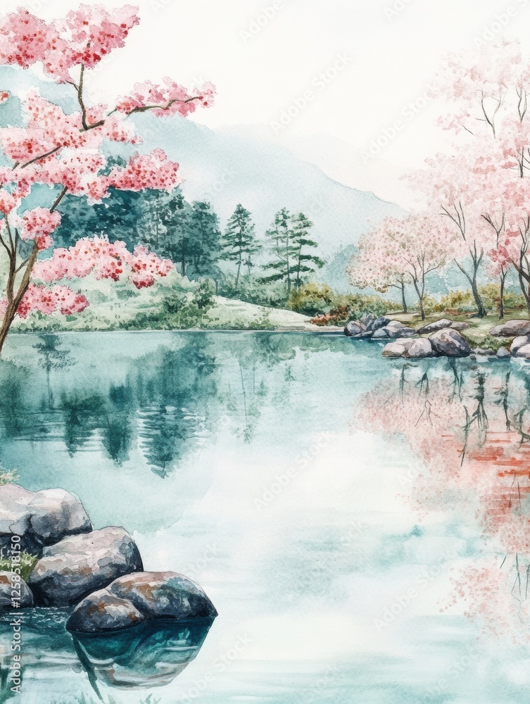 Poster peaceful spring landscape with cherry blossom trees and serene water reflections in a tranquil natur