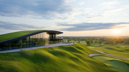 Obraz premium modern building with green roofs overlooks golf course at sunset. landscape features rolling hills and serene atmosphere, showcasing sustainable architecture