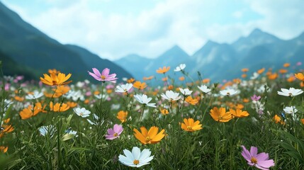 Fototapeta premium Vibrant Wildflower Field with Mountains Under Clear Blue Sky