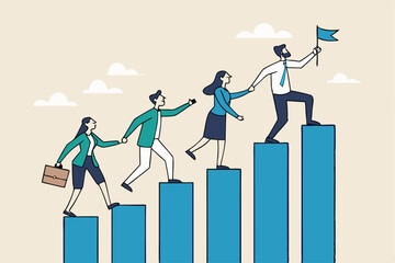 Teamwork to success together, employee career path or partnership support to help business growing, team collaboration or mentor and training concept, business people help team climbing growth chart.