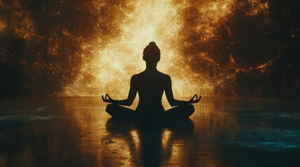 Woman meditating in lotus pose against fiery cosmic background.