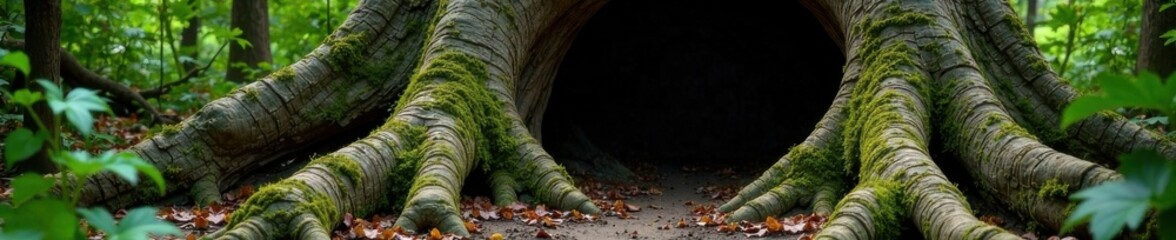 Vines and moss spill from the hole in a giant, ancient tree trunk, overgrown, foliage, natural