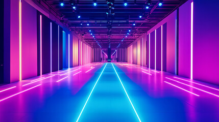Fototapeta premium Neon light corridor background. Abstract led and laser stage in futuristic club room. Empty dance concert hall for fashion party. Cyber interior bg with catwalk and glow line in pink and blue.