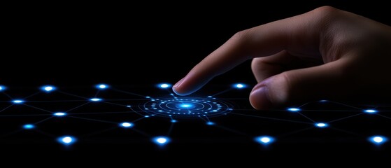 A human finger touches an illuminated digital interface, showcasing technology interaction.