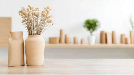 modern display featuring vase with dried flowers and paper bag, showcasing minimalist aesthetic. soft colors and natural materials create serene atmosphere