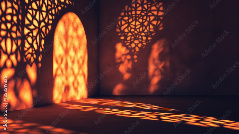 Poster intricate arabesque patterns cast dynamic shadows on a textured wall, illuminated by warm sunlight f
