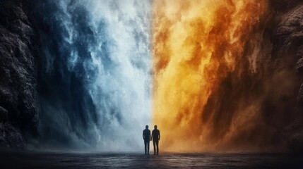 Two figures stand between contrasting worlds of ice and fire, a dramatic scene of opposing forces.