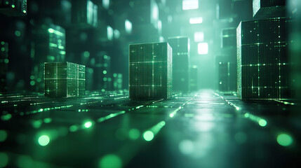 Futuristic digital blockchain environment with glowing green cubes and grids