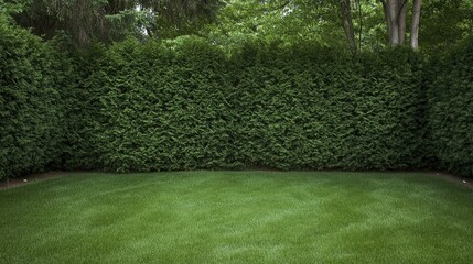 Lush green grass surrounded by tall, dense hedges creating a serene backyard environment for relaxation and outdoor activities