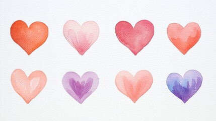 Collection of beautiful watercolor hearts in various colors, perfect for romantic themes.