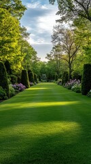 Obraz premium Lush green garden pathway surrounded by vibrant flowers and trees in a tranquil setting during the late afternoon light
