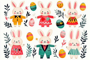 Naklejka premium Colorful cartoon bunnies celebrating Easter with decorated eggs and floral elements.