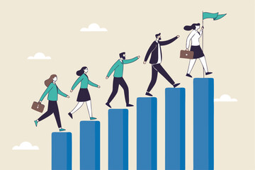 Teamwork to success together, employee career path or partnership support to help business growing, team collaboration or mentor and training concept, business people help team climbing growth chart.