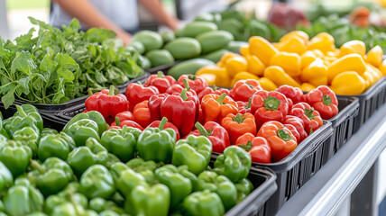 Fresh vegetables at vibrant farmers market, showcasing colorful peppers, cucumbers, and leafy greens. scene highlights local produce and promotes healthy eating