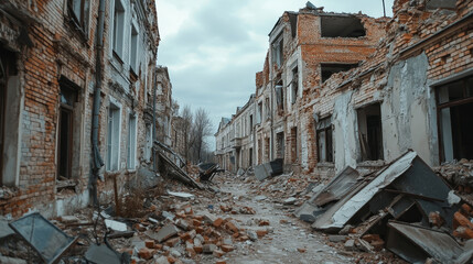 Destroyed city buildings after war or natural disaster. Vector cartoon set of abandoned broken houses isolated on white background. Derelict town ruins after explosion or earthquake