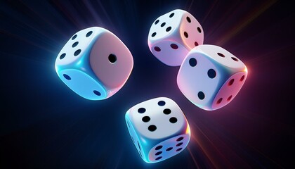 3d set of white play casino game cube dice in neon light on dark black background.
Generated image