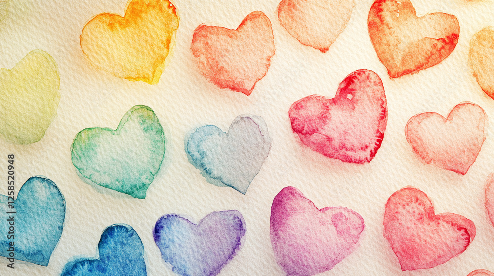 Wall mural Valentines day tiny watercolor rainbow hearts on soft cream background.