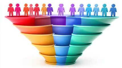 Sales funnel business concept, doodle businesspeople stand at huge filter analysing marketing strategy, clients attraction or conversion and outline infographic icons around Linear vector illustration