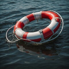 A red and white lifebuoy used in water sports.