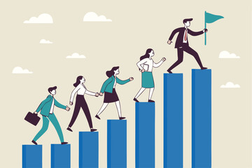 Teamwork to success together, employee career path or partnership support to help business growing, team collaboration or mentor and training concept, business people help team climbing growth chart.