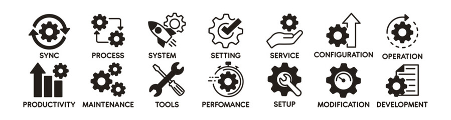 Gear settings thin line icon set. Containing sync, process, setting, service, configuration, operation, maintenance, setup, development and more, vector illustration