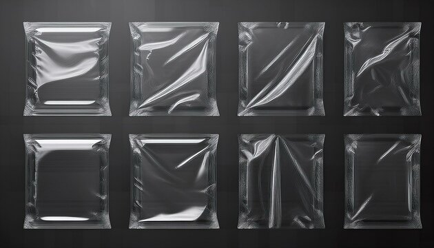 3d set of transparent plastic film with shrink effect. Overlay mockup of square and rectangle crumpled wrap.
Generated image