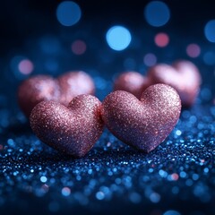Fototapeta premium Sparkling Hearts on Blue Glitter Background for Romantic Themes