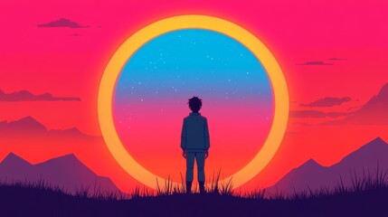 A young man stands before a vibrant, otherworldly portal, silhouetted against a breathtaking sunset.
