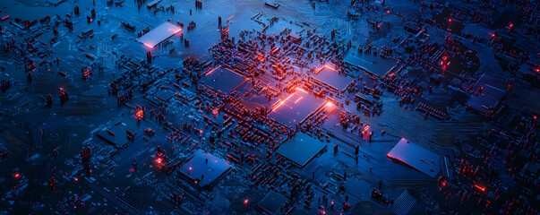 Fototapeta premium A Stunning Closeup of a Futuristic Circuit Board with Glowing Red Lines and Blue Components