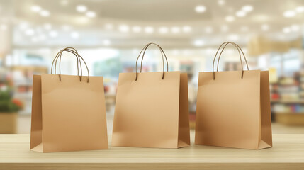 Set of empty kraft brown blank cardboard paper fashion packaging bags with handles for in-store purchases with labels isolated on white background. Supermarket, shop, restaurant package.