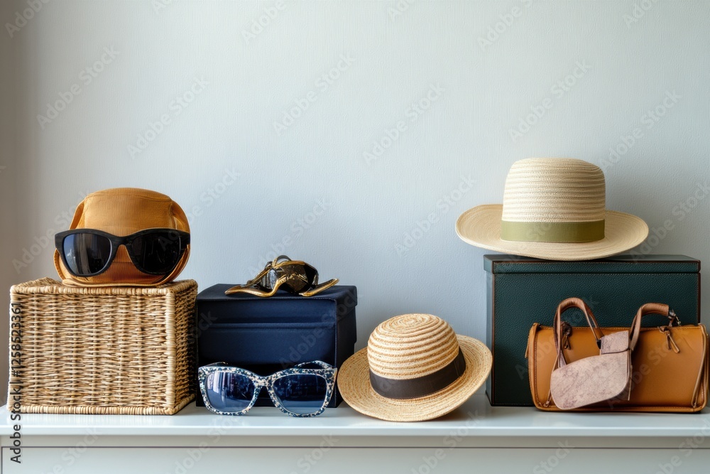 Fototapete stylish accessories organized in boxes with a minimalist background providing space for creative tex