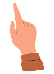 Hand with raised index finger in upward gesture, symbolizing direction, emphasis, or selection. Ideal for communication, decision-making, navigation, education teamwork creativity guidance. Flat