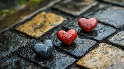 Obraz premium Stone Heart Trio on a Wet Brick Path