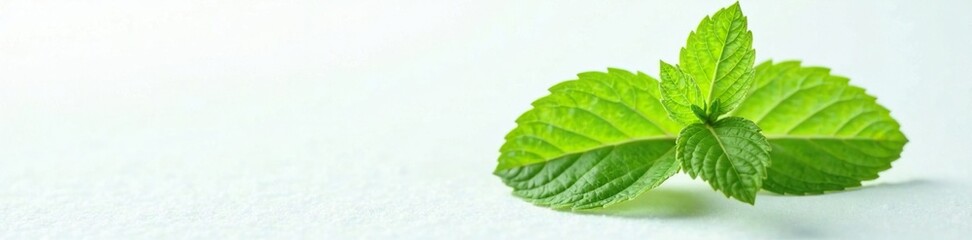 Fresh mint leaf on snowy white background, with delicate veins and subtle texture, flora, foliage