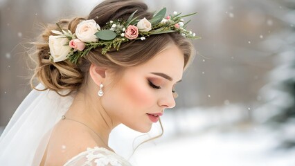 Winter bride with elegant makeup and floral hairpiece, symbolizing beauty and elegance..
