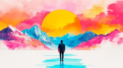 Fototapeta premium A man stands before a vibrant sunset, silhouetted against a backdrop of colorful mountains. A surreal and dreamy landscape.
