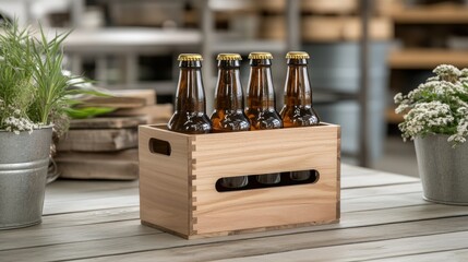 Four glass bottles of craft beer in a wooden crate on a rustic table surrounded by potted plants in a cozy setting