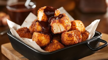 Golden fried cheesecake bites drizzled with rich chocolate. Churro Bites with Chocolate Sauce