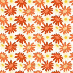 Spring seamless pattern with large orange and red gerbera flowers and daisies