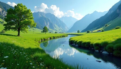 Fototapeta premium Gentle River winds through green mountain valleys, peaceful, natural, nature