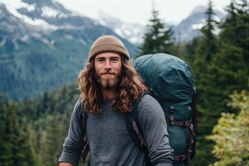Fototapeta premium A portrait of an Asian man with long hair and a beard, wearing hiking in the wilderness of Alaska
